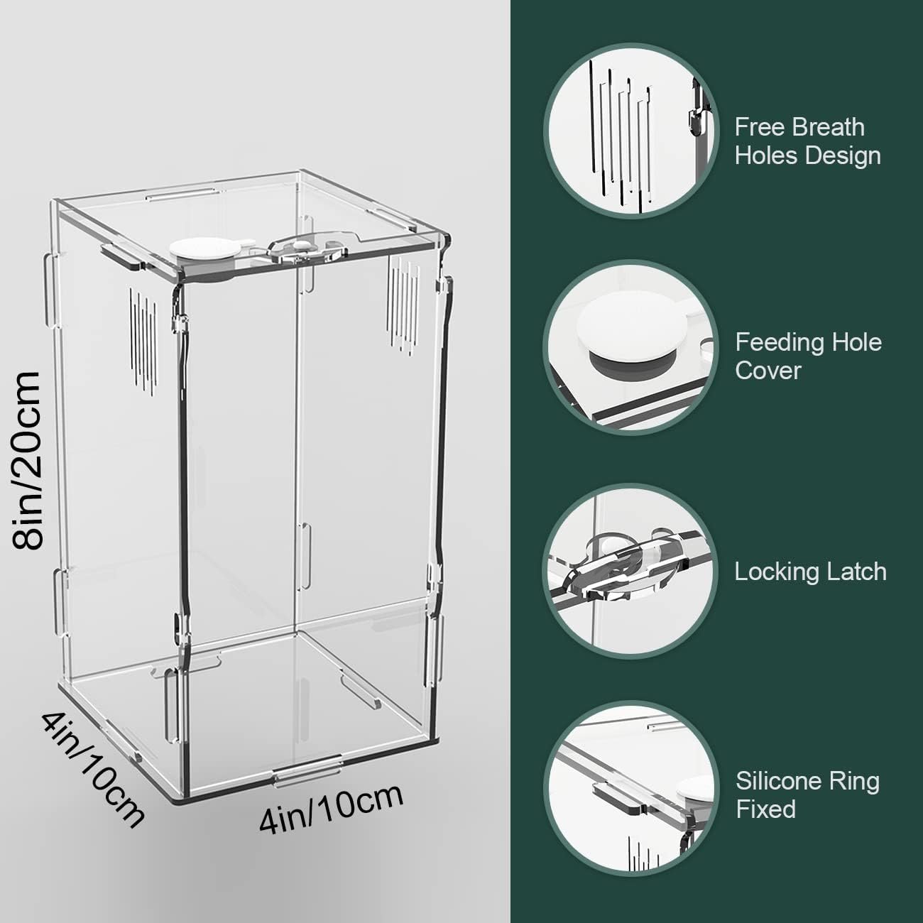 BETAZOOER Acrylic Mini Reptile Tank Habitat Transparent Terrariums with Locking Latch Suitable for Tarantula Isopod Roach Invertebrates (4x4x8)