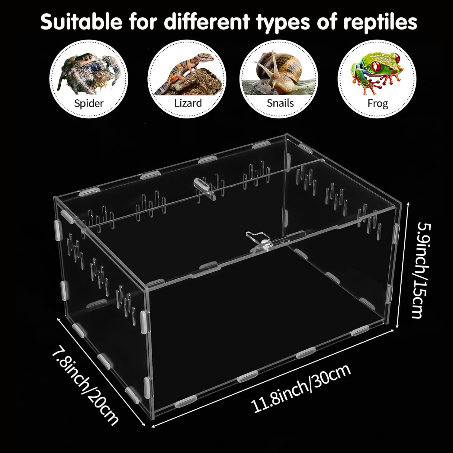 FRIUSATE Acrylic Reptile Terrarium Enclosure Transparent Reptile Tank Breeding Box Habitat for Small Reptiles Invertebrates Lizard Turtle Mantis Spider Cricket Tarantula Insects, 11.8x7.9x5.9 Inch
